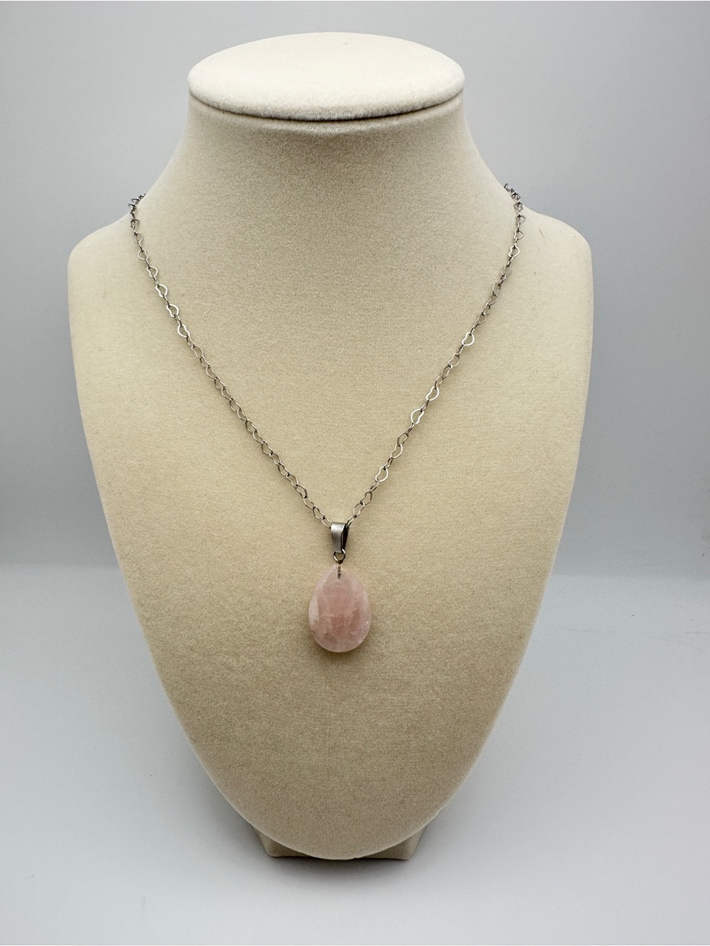 Silver Chain Necklace with Pink Rose Quartz Teardrop Pendant